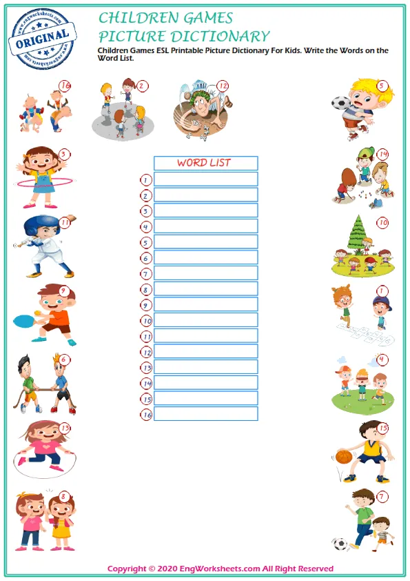 Children Games ESL Printable Picture Dictionary For Kids. Write the Words on the Word List.
