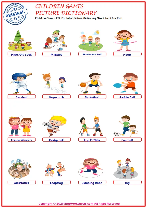 Children Games ESL Printable Picture Dictionary Worksheet For Kids