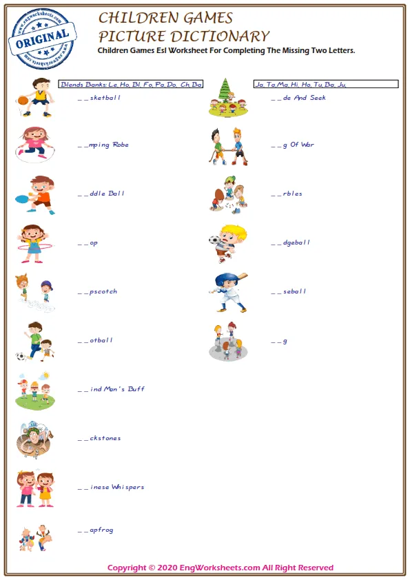 Children Games Esl Worksheet For Completing The Missing Two Letters.