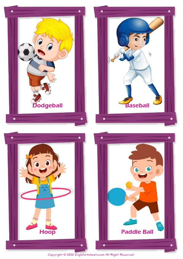 Children Games vocabulary worksheet with words, four images per page