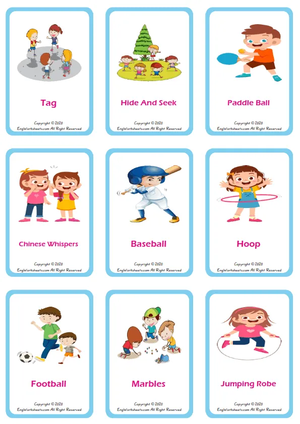 Children Games vocabulary worksheet with words, nine images per page