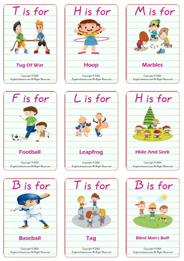 Children Games vocabulary worksheet with words, nine images per page