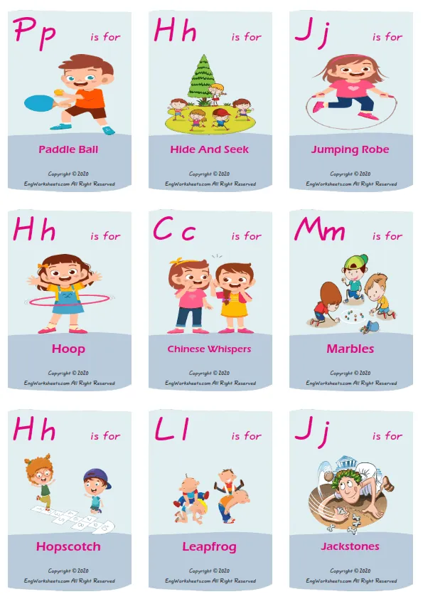 Children Games vocabulary worksheet with words, nine images per page