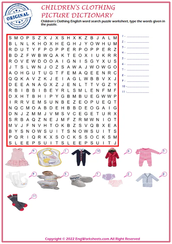Children's Clothing English word search puzzle worksheet, type the words given in the puzzle.
