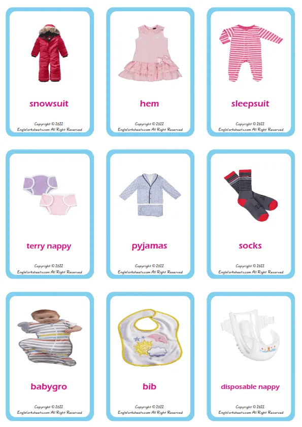 Children's Clothing vocabulary worksheet with words, nine images per page