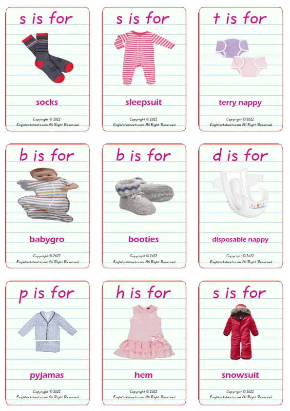 Children's Clothing vocabulary worksheet with words, nine images per page