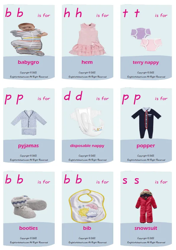 Children's Clothing vocabulary worksheet with words, nine images per page