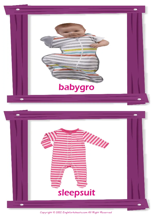 Children's Clothing vocabulary worksheet with words, two images per page