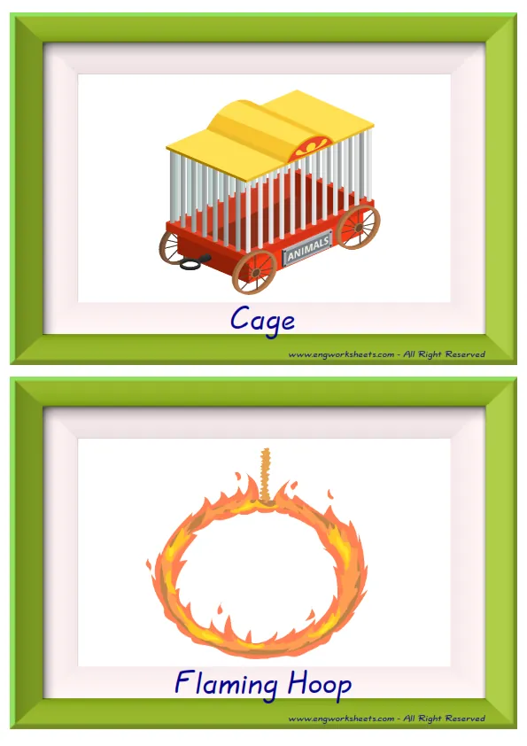 Half page ESL Flashcard together with words containing Circus picture for kids and teachers.