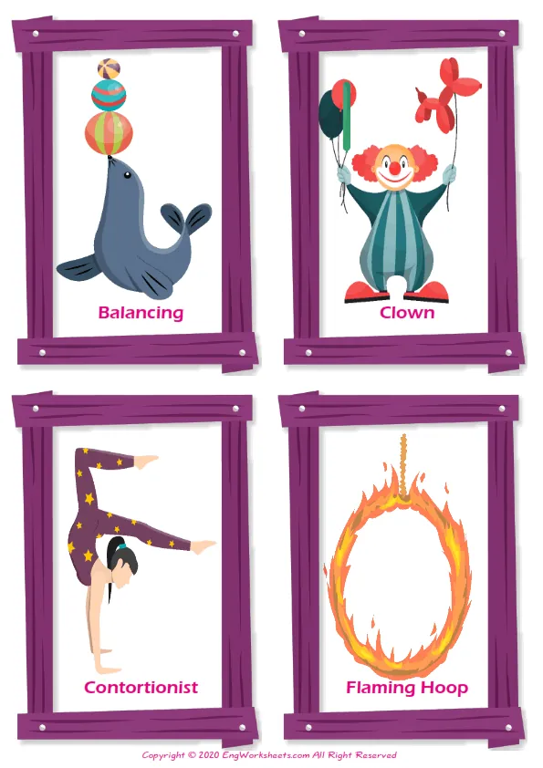 Circus vocabulary worksheet with words, four images per page