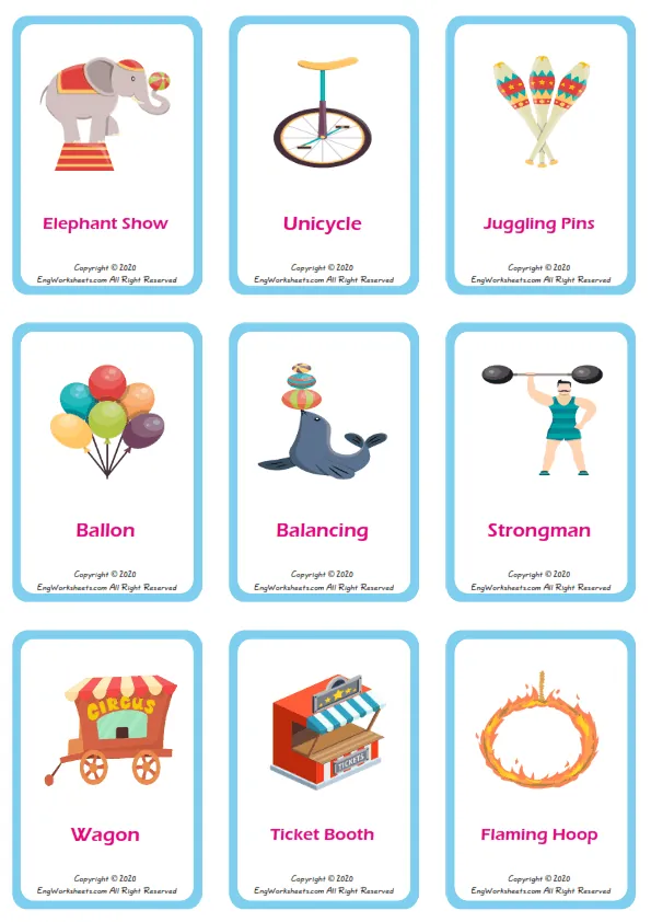Circus vocabulary worksheet with words, nine images per page