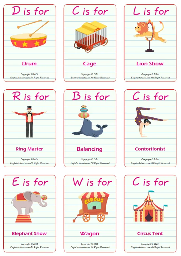 Circus vocabulary worksheet with words, nine images per page