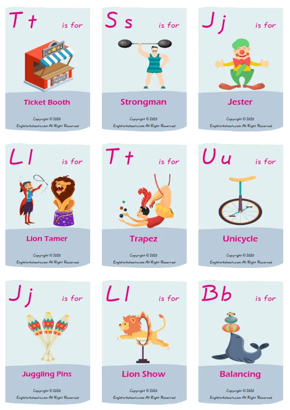 Circus vocabulary worksheet with words, nine images per page