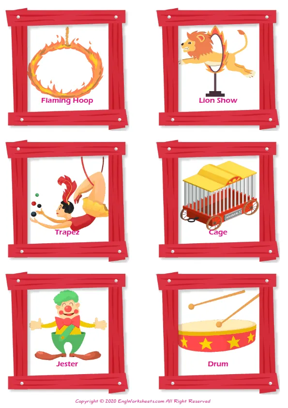 Circus vocabulary worksheet with words, six images per page