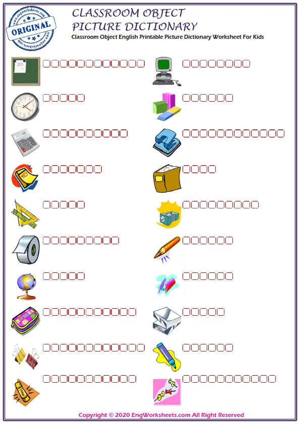 Classroom Objects English Printable Picture Dictionary Worksheet For Kids