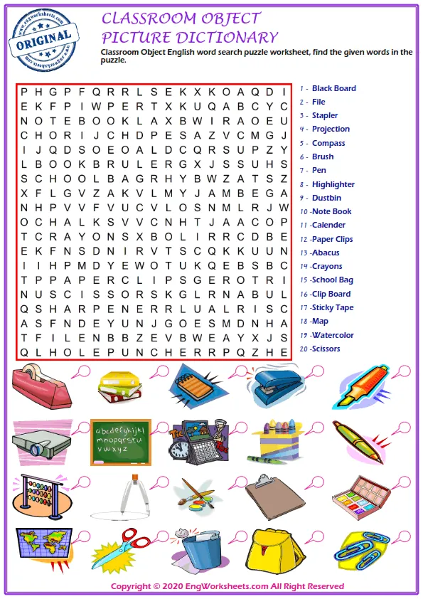 Classroom Objects English word search puzzle worksheet, find the given words in the puzzle.