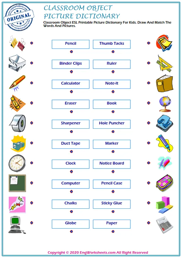 Classroom Objects ESL Printable Picture Dictionary For Kids. Draw And Match The Words And Pictures.