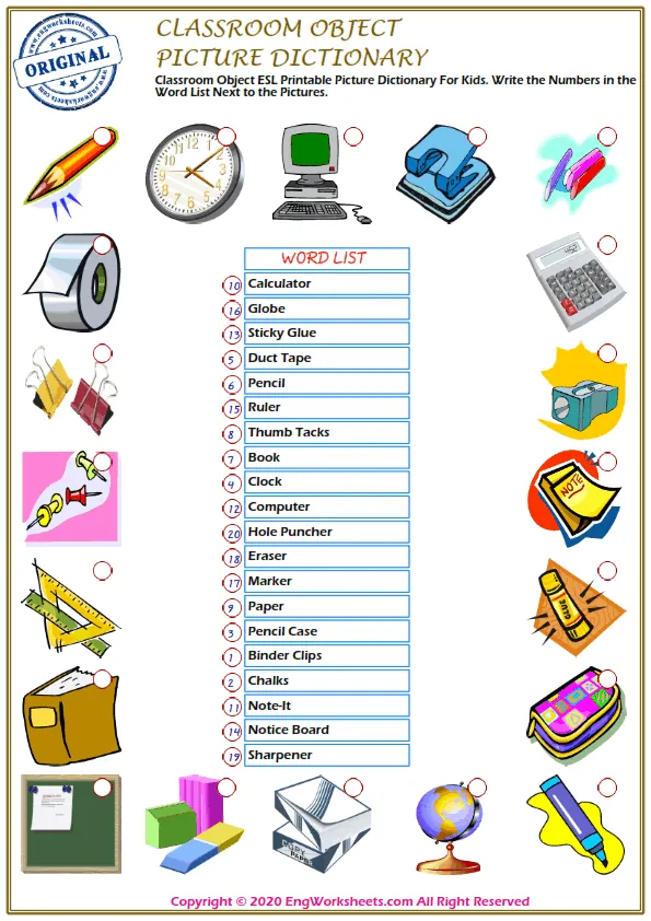 Classroom Objects ESL Printable Picture Dictionary For Kids. Write the Numbers in the Word List Next to the Pictures.