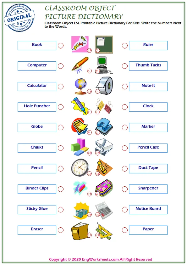 Classroom Objects ESL Printable Picture Dictionary For Kids. Write the Numbers Next to the Words.