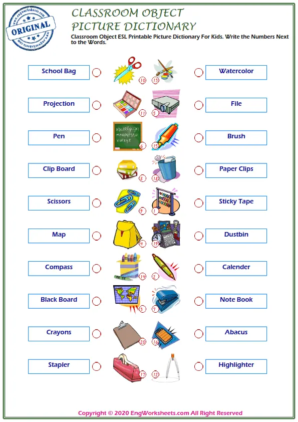 Classroom Objects ESL Printable Picture Dictionary For Kids. Write the Numbers Next to the Words.