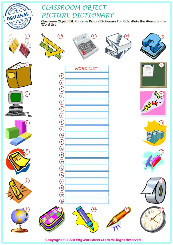 Classroom Objects ESL Printable Picture Dictionary For Kids. Write the Words on the Word List.