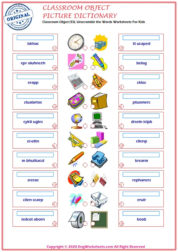 Classroom Objects ESL Unscramble the Words Worksheets For Kids