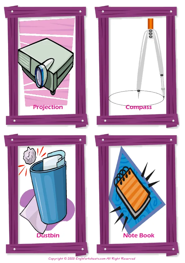 Classroom Objects vocabulary worksheet with words, four images per page