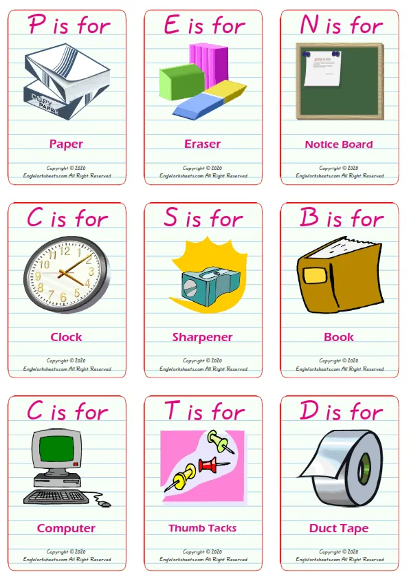 Classroom Objects vocabulary worksheet with words, nine images per page