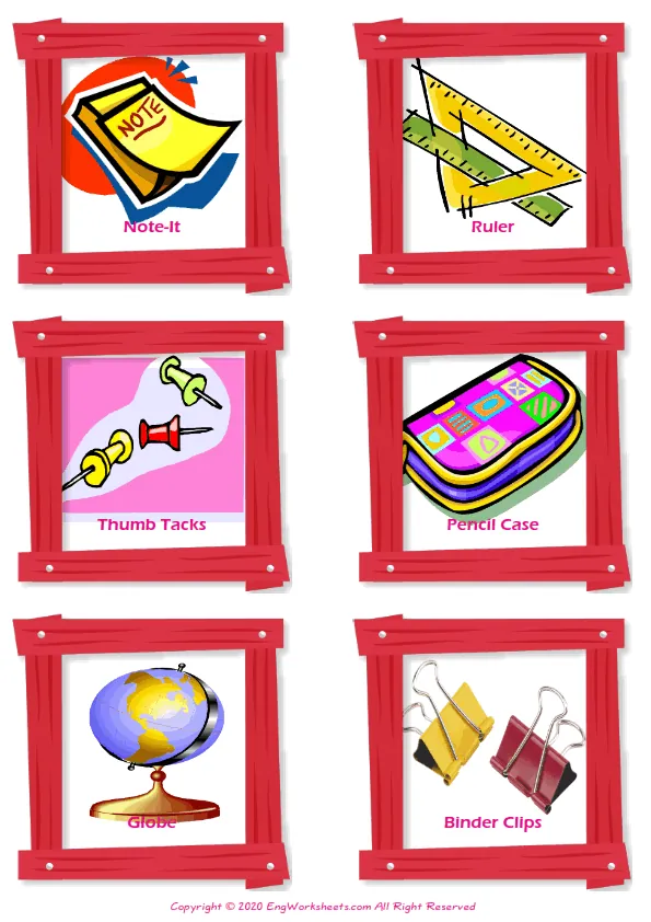 Classroom Objects vocabulary worksheet with words, six images per page