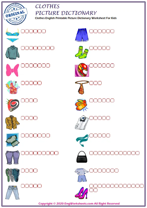 Clothes English Printable Picture Dictionary Worksheet For Kids
