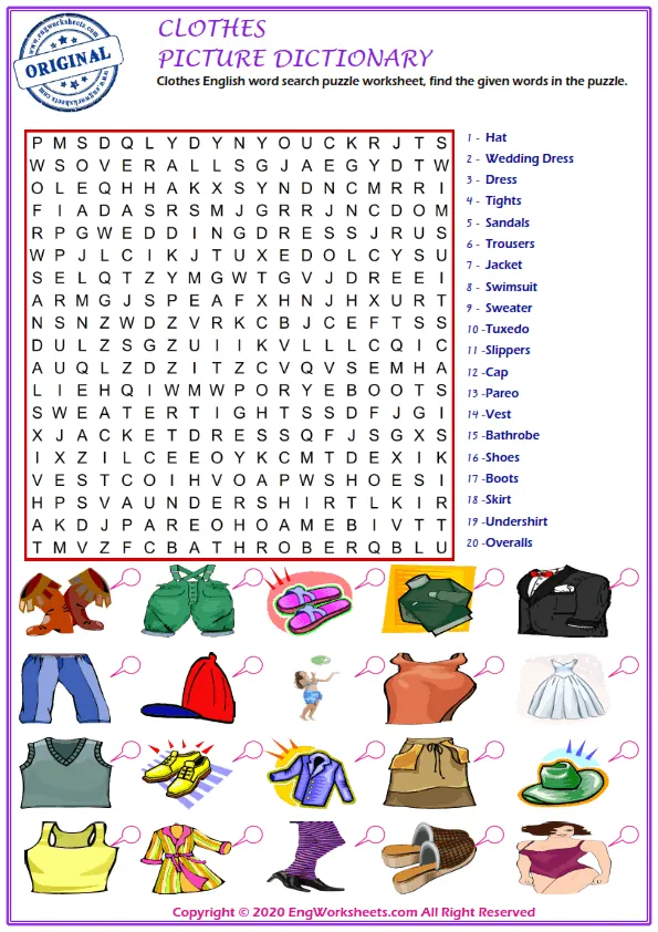 Clothes English word search puzzle worksheet, find the given words in the puzzle.