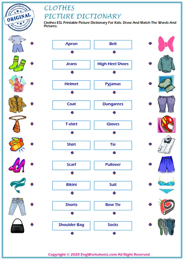 Clothes ESL Printable Picture Dictionary For Kids. Draw And Match The Words And Pictures.