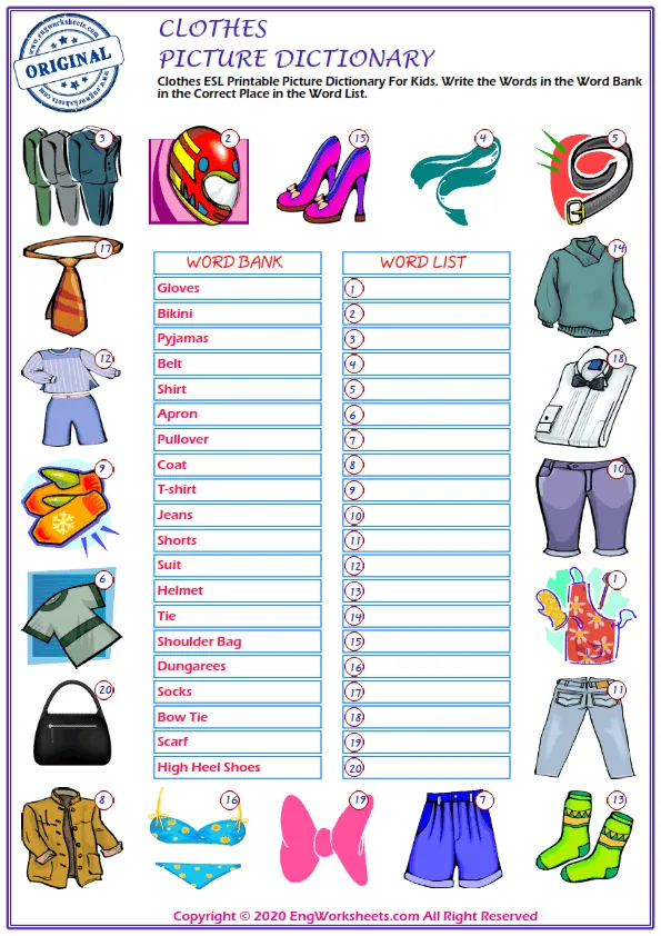 Clothes ESL Printable Picture Dictionary For Kids. Write the Words in the Word Bank in the Correct Place in the Word List.