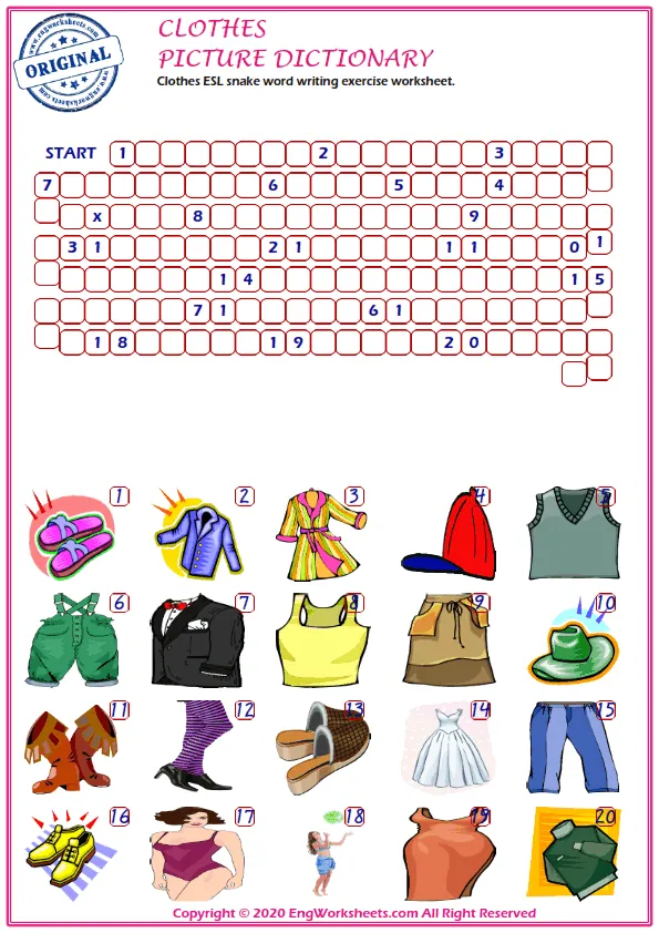 Clothes ESL snake word writing exercise worksheet.