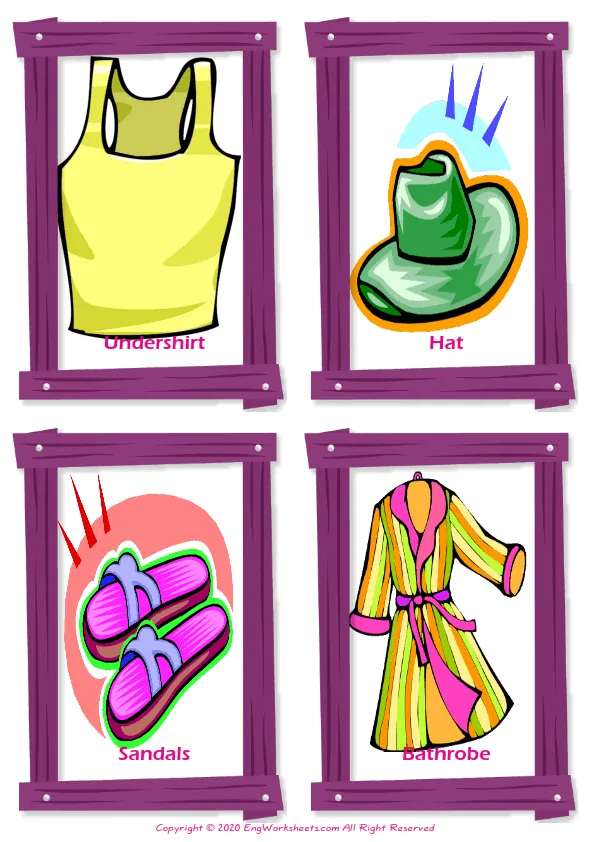 Clothes vocabulary worksheet with words, four images per page