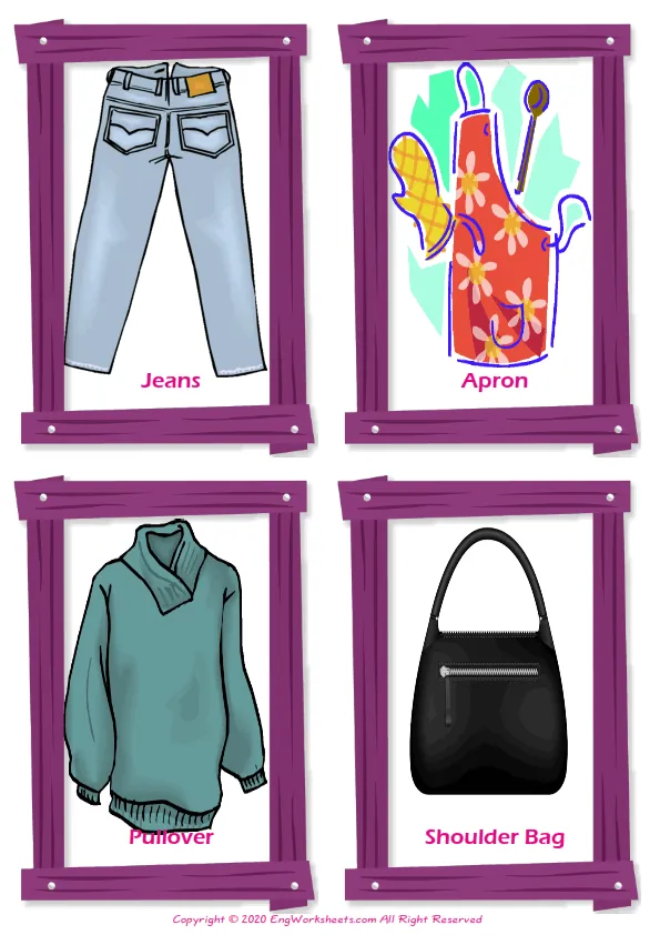 Clothes vocabulary worksheet with words, four images per page