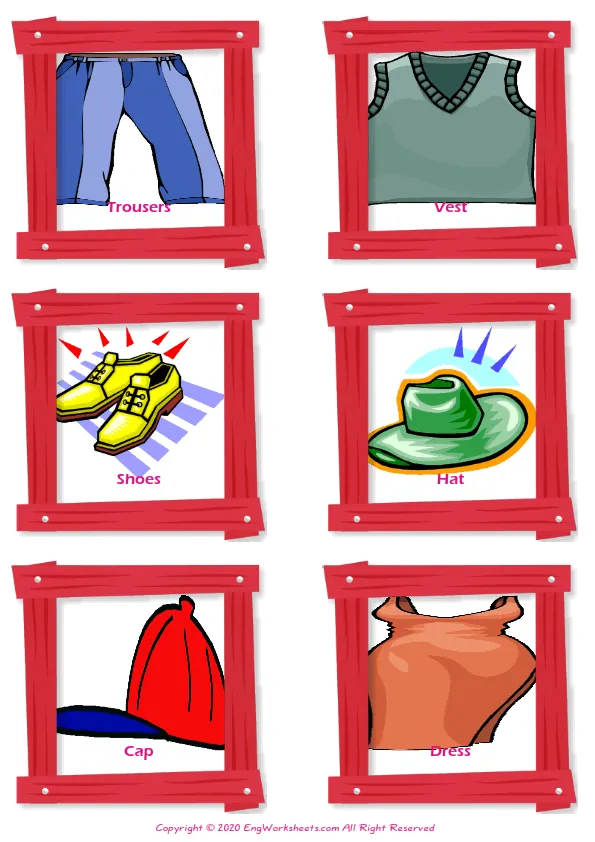 Clothes vocabulary worksheet with words, six images per page
