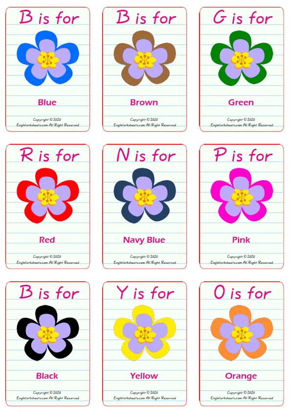Colour vocabulary worksheet with words, nine images per page