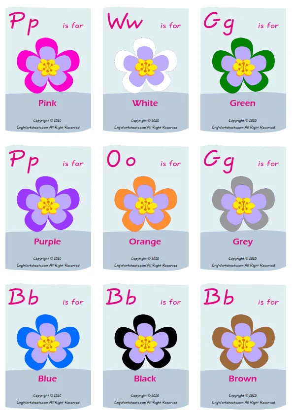 Colour vocabulary worksheet with words, nine images per page