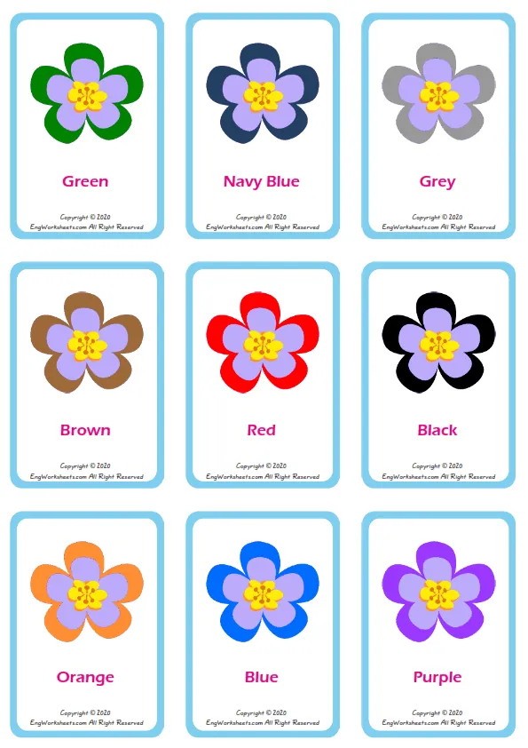 Colour vocabulary worksheet with words, nine images per page