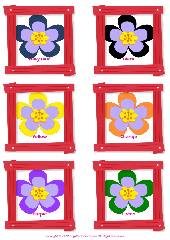 Colour vocabulary worksheet with words, six images per page