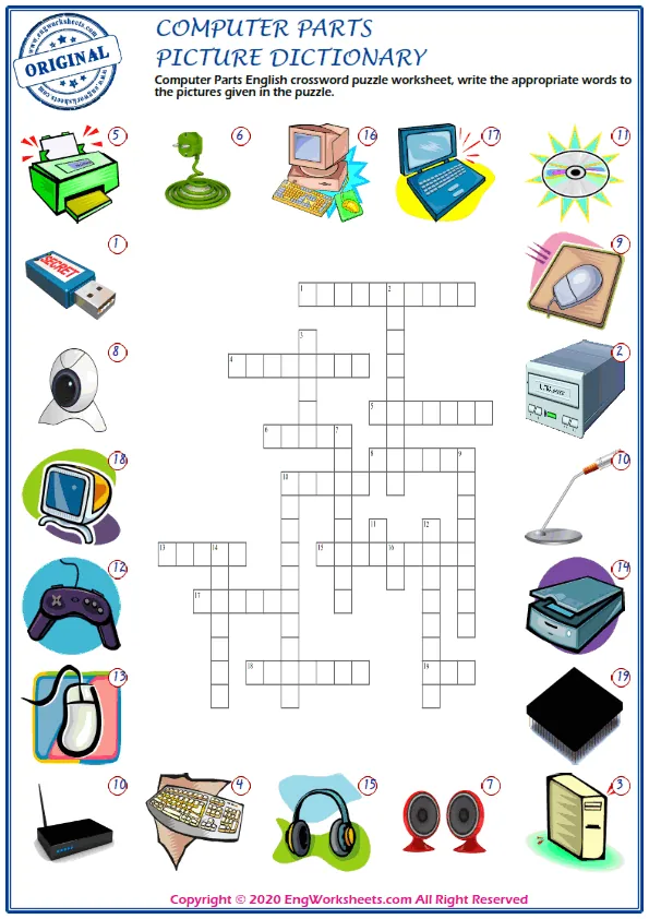Computer Parts English crossword puzzle worksheet, write the appropriate words to the pictures given in the puzzle.