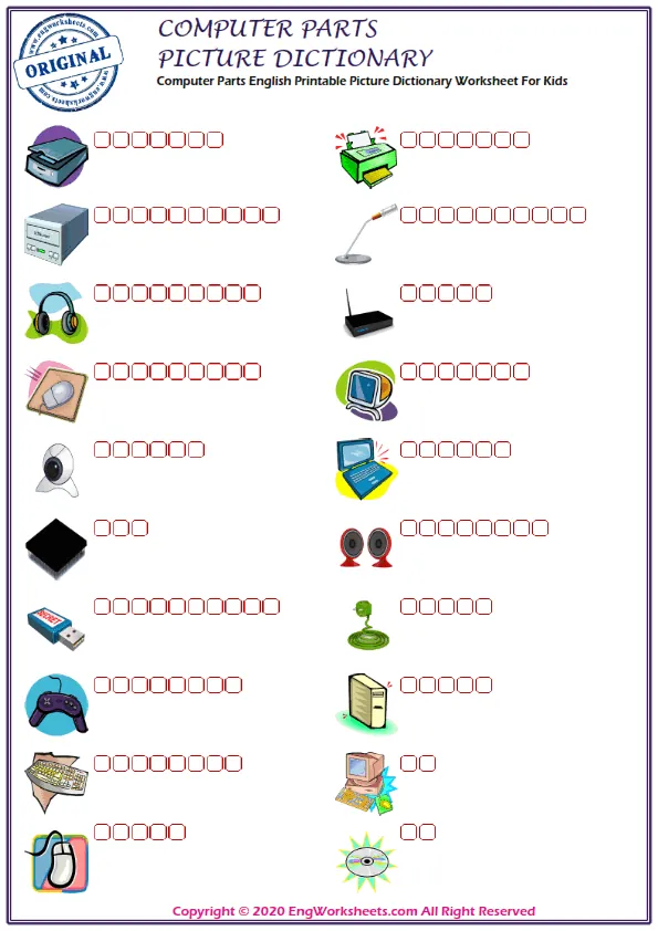 Computer Parts English Printable Picture Dictionary Worksheet For Kids