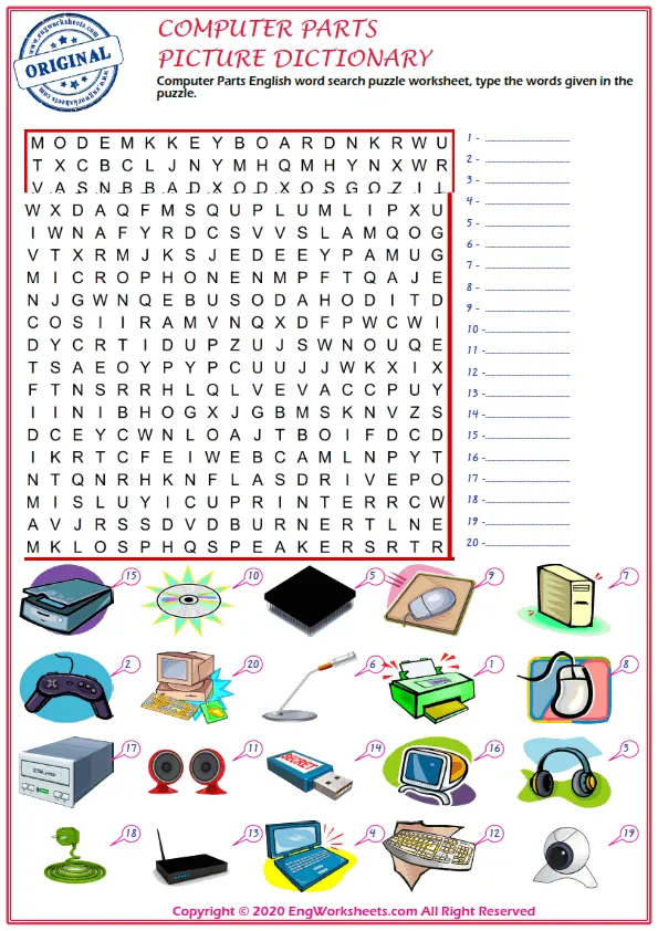 Computer Parts English word search puzzle worksheet, type the words given in the puzzle.