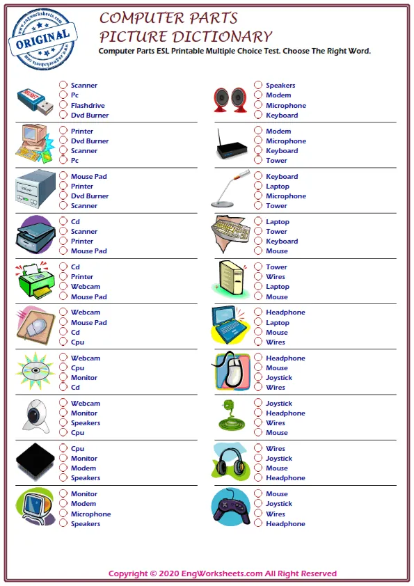 Computer Parts ESL Printable Multiple Choice Test. Choose The Right Word.