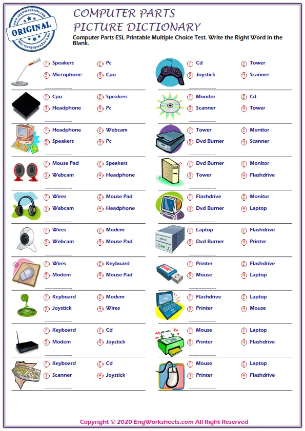 Computer Parts ESL Printable Multiple Choice Test. Write the Right Word in the Blank.