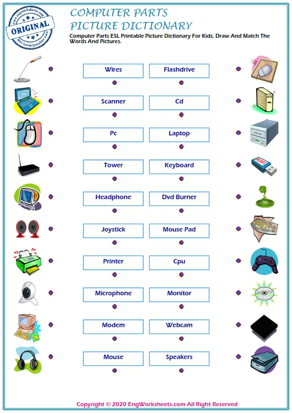 Computer Parts ESL Printable Picture Dictionary For Kids. Draw And Match The Words And Pictures.