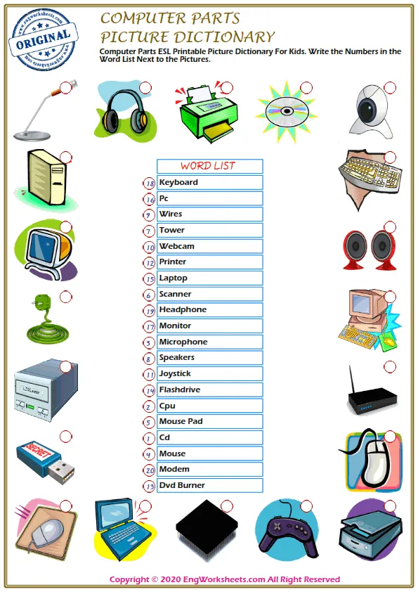 Computer Parts ESL Printable Picture Dictionary For Kids. Write the Numbers in the Word List Next to the Pictures.