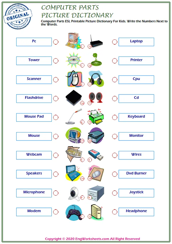 Computer Parts ESL Printable Picture Dictionary For Kids. Write the Numbers Next to the Words.
