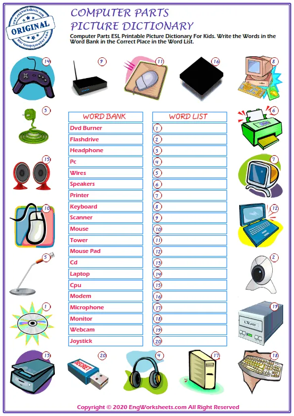 Computer Parts ESL Printable Picture Dictionary For Kids. Write the Words in the Word Bank in the Correct Place in the Word List.